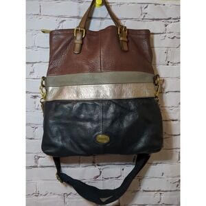 Fossil Explorer Soft Leather Foldover Tote Crossbody Bag  LG 15" Blk/Br/Gold‎